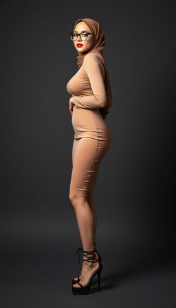 A stunning hijab-wearing singer in her 40s with white skin, confidently standing and crossing her legs