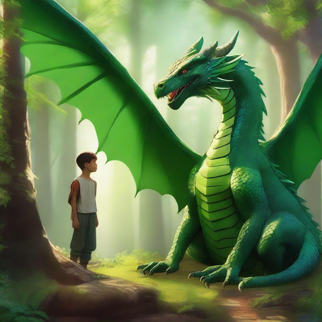 A vibrant digital art image showcasing a lively argument between a green eastern-style dragon and a Slavic teenager