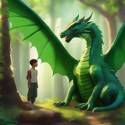 A vibrant digital art image showcasing a lively argument between a green eastern-style dragon and a Slavic teenager