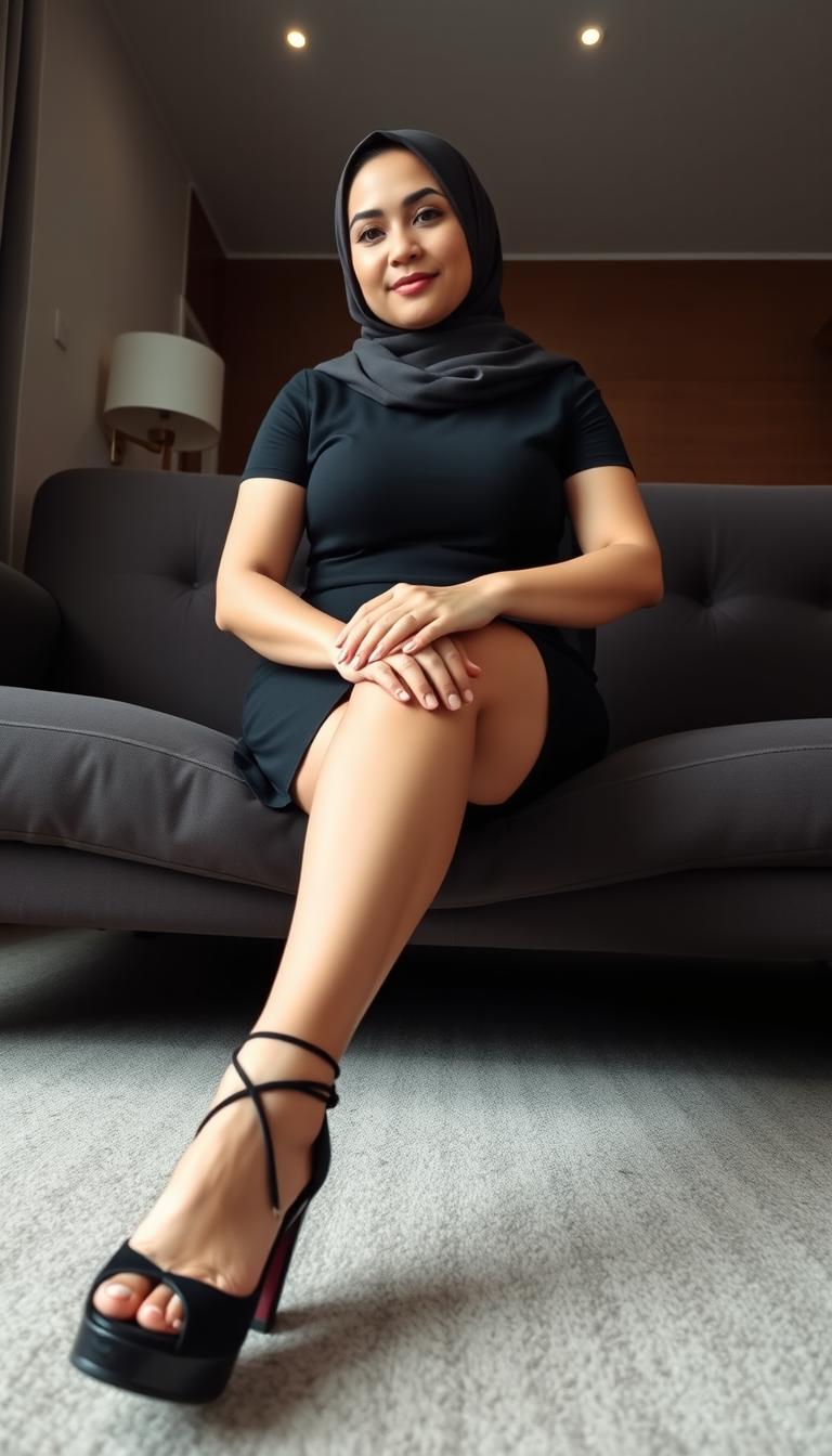 A stylish hijab-wearing housewife in her 40s with white skin, elegantly sitting on a couch while crossing her legs