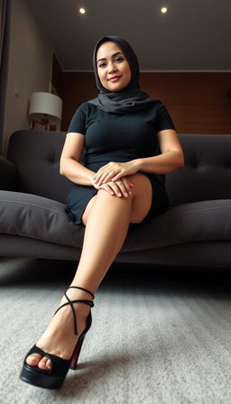 A stylish hijab-wearing housewife in her 40s with white skin, elegantly sitting on a couch while crossing her legs