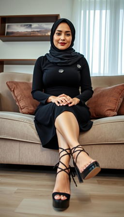A stylish hijab-wearing housewife in her 40s with white skin, elegantly sitting on a couch while crossing her legs