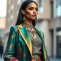 A stunning woman model in a high-fashion outfit, showcasing an intricate jamd (jewelry and accessories) design