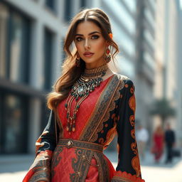 A stunning woman model in a high-fashion outfit, showcasing an intricate jamd (jewelry and accessories) design
