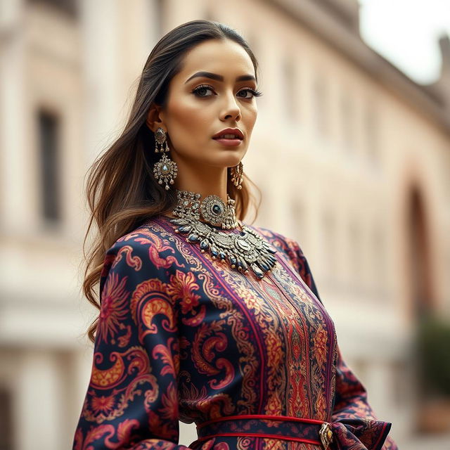 A stunning woman model in a high-fashion outfit, showcasing an intricate jamd (jewelry and accessories) design