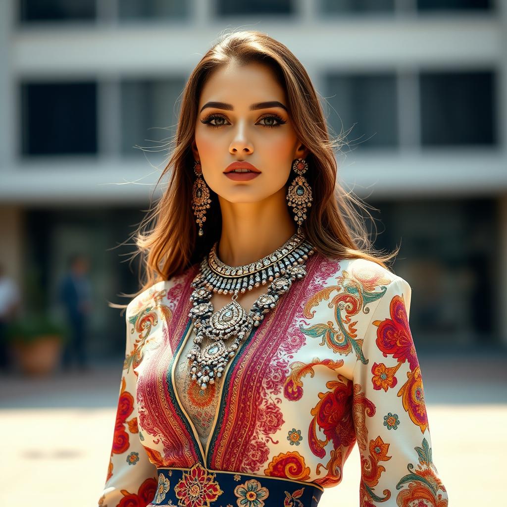 A stunning woman model in a high-fashion outfit, showcasing an intricate jamd (jewelry and accessories) design