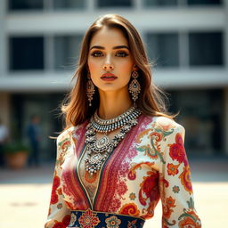 A stunning woman model in a high-fashion outfit, showcasing an intricate jamd (jewelry and accessories) design
