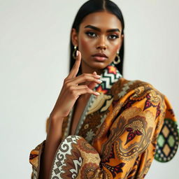 A high-fashion model posing elegantly in a contemporary outfit featuring intricate patterns and textures