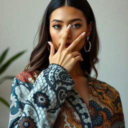 A high-fashion model posing elegantly in a contemporary outfit featuring intricate patterns and textures