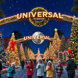 A vibrant scene of Universal Studios during the Christmas season, showcasing the iconic entrance adorned with sparkling fairy lights and a massive festive wreath