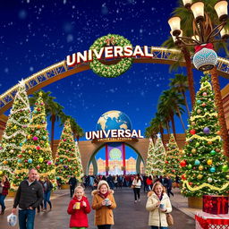 A vibrant scene of Universal Studios during the Christmas season, showcasing the iconic entrance adorned with sparkling fairy lights and a massive festive wreath