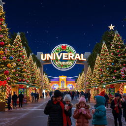 A vibrant scene of Universal Studios during the Christmas season, showcasing the iconic entrance adorned with sparkling fairy lights and a massive festive wreath