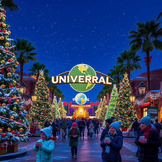 A vibrant scene of Universal Studios during the Christmas season, showcasing the iconic entrance adorned with sparkling fairy lights and a massive festive wreath