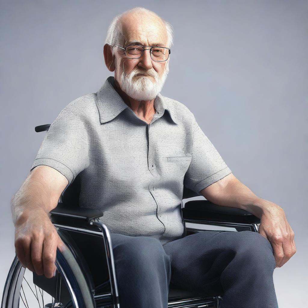 An image of a man in a wheelchair, rendered in a hyper-realistic style