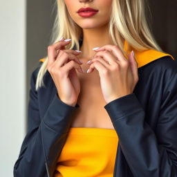 A stunning blonde woman model showcasing a chic outfit that highlights modern fashion trends