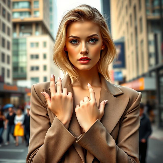 A captivating blonde woman model in a trendy outfit, posing confidently in an urban city setting