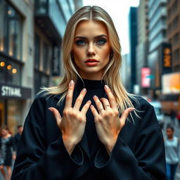 A captivating blonde woman model in a trendy outfit, posing confidently in an urban city setting