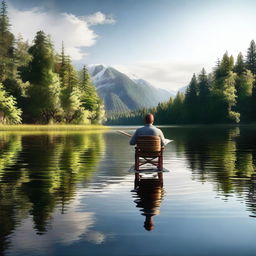 A hyper-realistic image showcasing a man seated on a wooden chair in the middle of a serene lake, holding a paddle