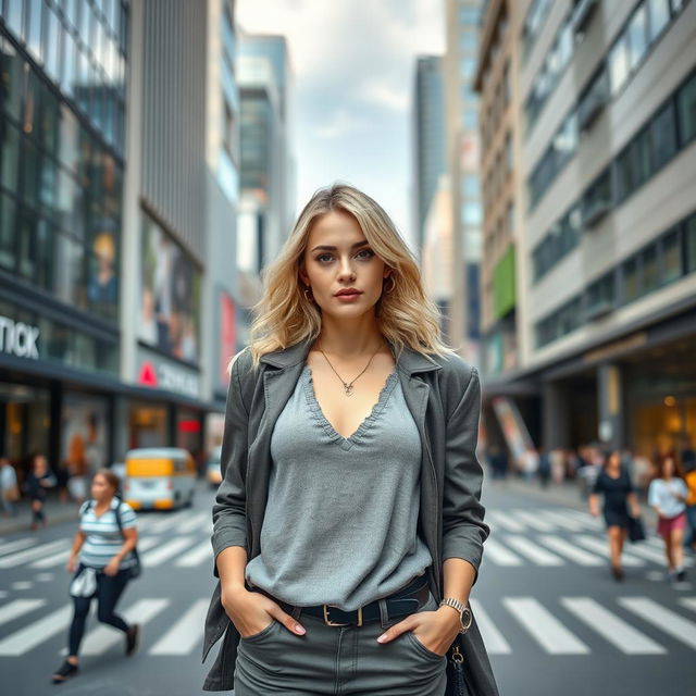 A stylish blonde woman model confidently showcasing a fashionable outfit while standing in a bustling city environment