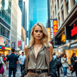 A stylish blonde woman model confidently showcasing a fashionable outfit while standing in a bustling city environment