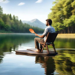 A hyper-realistic image showcasing a man seated on a wooden chair in the middle of a serene lake, holding a paddle