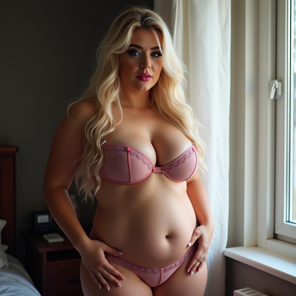 A plus-sized, curvy young woman with long blonde hair, standing by a bedroom window