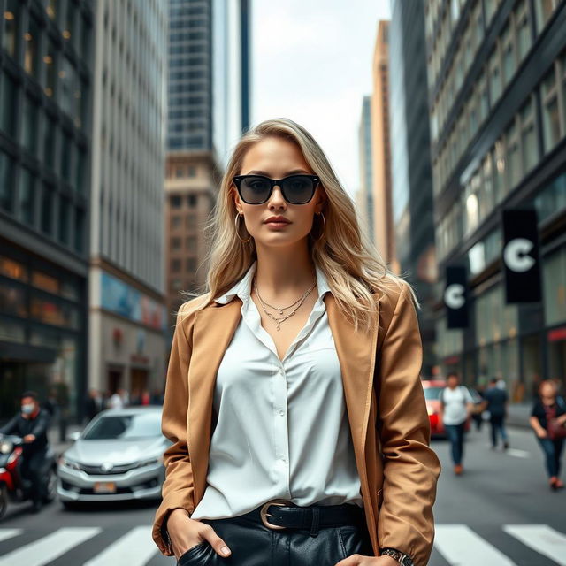 An elegant blonde woman model confidently wearing a fashionable outfit while standing in a lively urban city environment