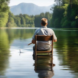 A hyper-realistic image showcasing a man seated on a wooden chair in the middle of a serene lake, holding a paddle