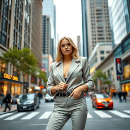 An elegant blonde woman model confidently wearing a fashionable outfit while standing in a lively urban city environment