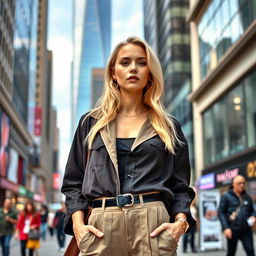 An elegant blonde woman model confidently wearing a fashionable outfit while standing in a lively urban city environment