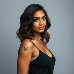 A portrait of Lara, a striking young woman aged 24, with a slim figure and a captivating personality