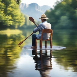 A hyper-realistic image showcasing a man seated on a wooden chair in the middle of a serene lake, holding a paddle