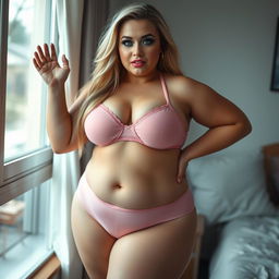 A plus-sized, curvy young woman with long blonde hair, standing by a bedroom window