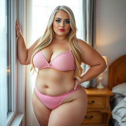 A plus-sized, curvy young woman with long blonde hair, standing by a bedroom window