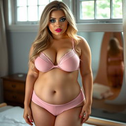A plus-sized, curvy young woman with long blonde hair, standing by a bedroom window