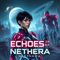 A dystopian science fiction book cover for 'Echoes of Nethera'