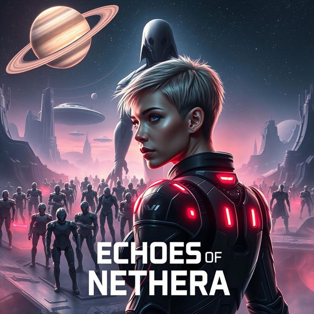 A dystopian science fiction book cover for 'Echoes of Nethera'