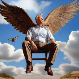 A captivating hyper-realistic image presenting a man seated on a wooden chair with wings, soaring through the sky