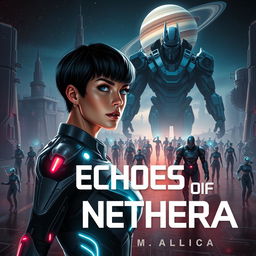 A dystopian science fiction book cover for 'Echoes of Nethera'