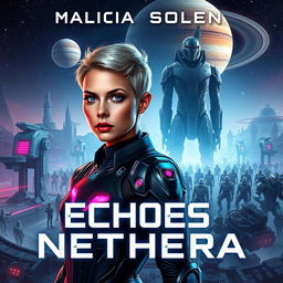 A dystopian science fiction book cover for 'Echoes of Nethera'