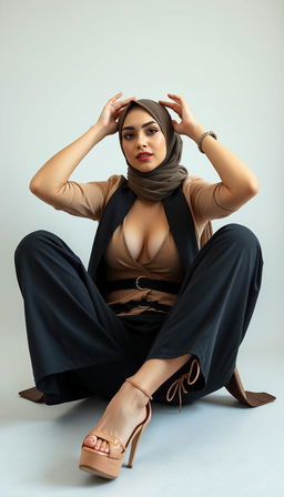A stunning hijab-wearing actress in her 40s with white skin, sitting gracefully while stretching her hands above her head