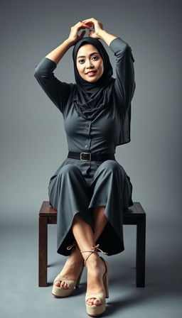 A stunning hijab-wearing actress in her 40s with white skin, sitting gracefully while stretching her hands above her head