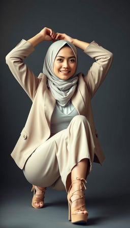 A stunning hijab-wearing actress in her 40s with white skin, sitting gracefully while stretching her hands above her head