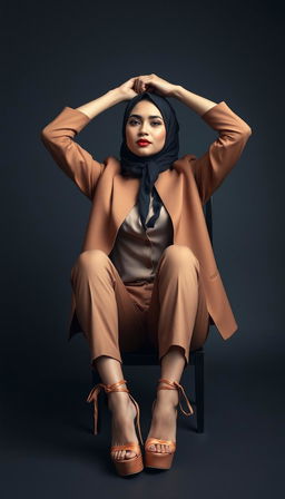 A stunning hijab-wearing actress in her 40s with white skin, sitting gracefully while stretching her hands above her head