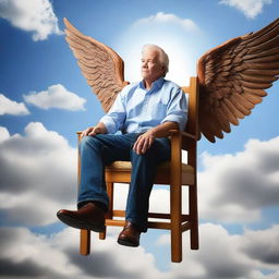 A captivating hyper-realistic image presenting a man seated on a wooden chair with wings, soaring through the sky