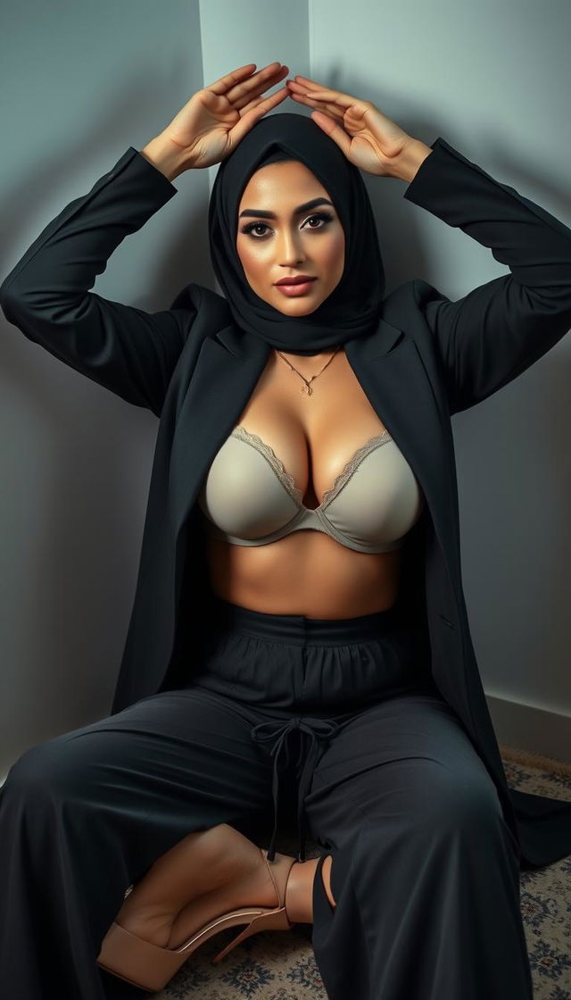 A glamorous hijab-wearing actress in her 40s with white skin, elegantly sitting while stretching her hands above her head, showcasing her confidence