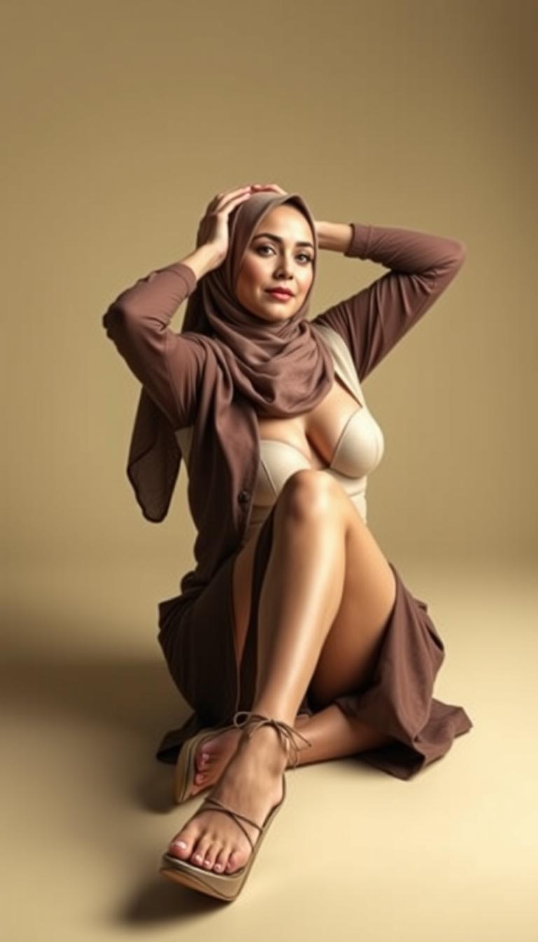 A glamorous hijab-wearing actress in her 40s with white skin, elegantly sitting while stretching her hands above her head, showcasing her confidence