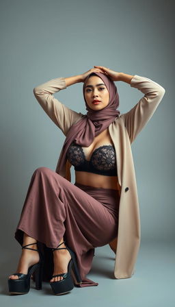 A glamorous hijab-wearing actress in her 40s with white skin, elegantly sitting while stretching her hands above her head, showcasing her confidence