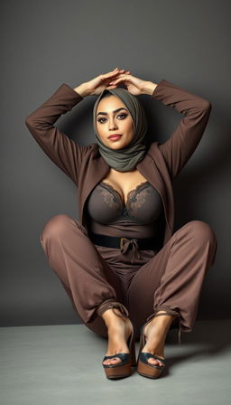A glamorous hijab-wearing actress in her 40s with white skin, elegantly sitting while stretching her hands above her head, showcasing her confidence