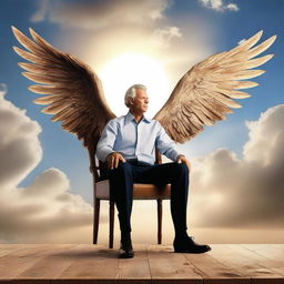 A captivating hyper-realistic image presenting a man seated on a wooden chair with wings, soaring through the sky